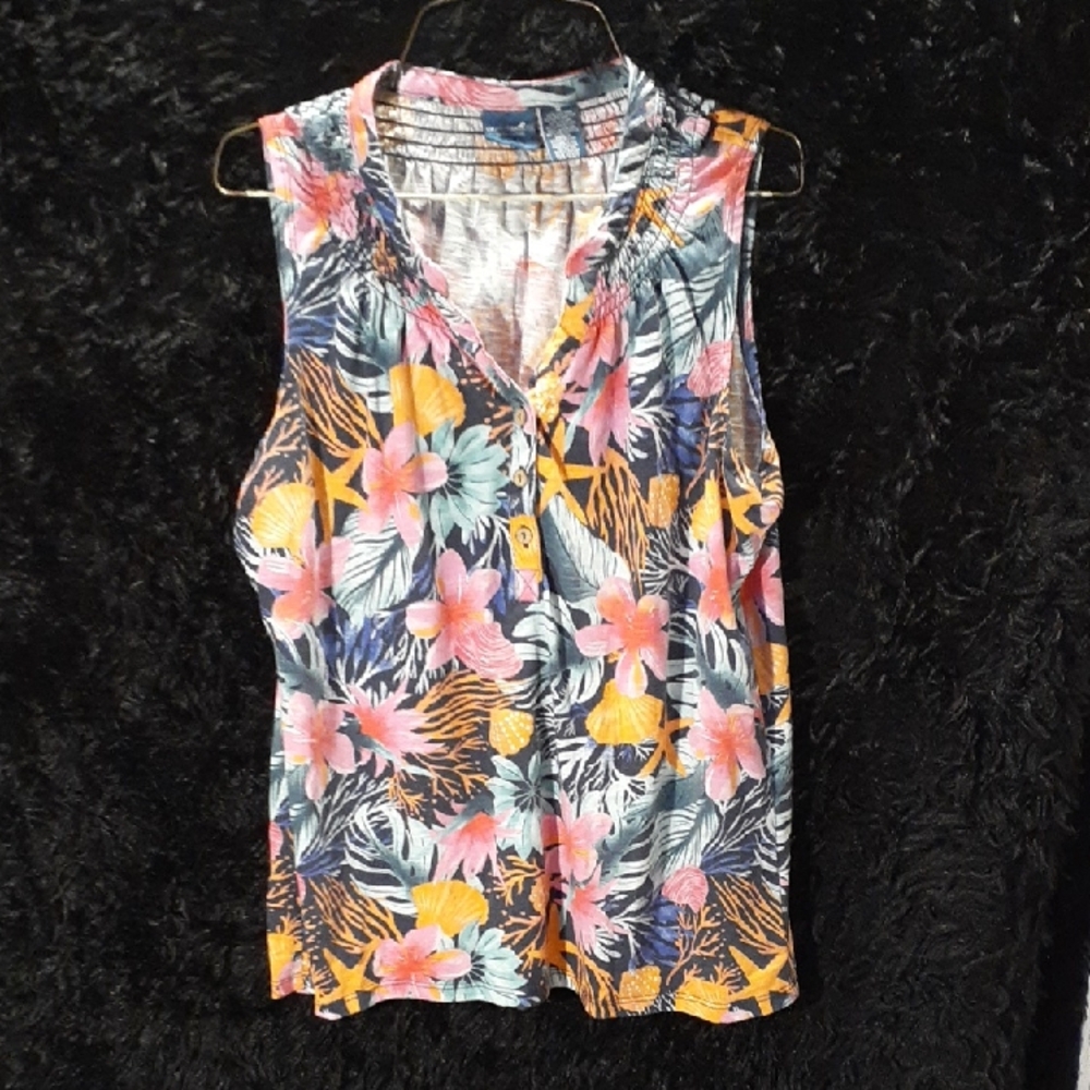 Caribbean Joe Tropical Floral Sleeveless Top - Pink, Blue, Yellow
